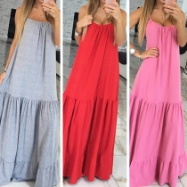 Sexy Solid Color Low-cut Sleeveless Ruffle Swing Sling Maxi Dress