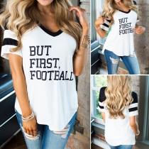 Casual Style Contrast Color Letters Printed V-neck Short Sleeve T-shirt