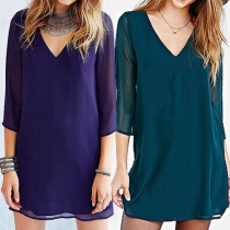Sexy Solid Color Deep V-neck Backless 3/4 Sleeve Chiffon Dress