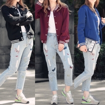 Fashion Contrast Color Button Down V-neck Long Sleeve Baseball Jackets