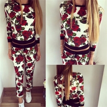 Sweet Rose Printed Round Neck Long Sleeve Tops and Pants Two Pieces Set