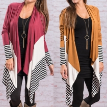 Trendy Contrast Color Striped Long Sleeve Irregular Hemline Cardigan