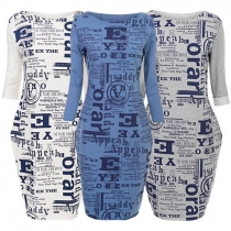 Fashion Printed Round neck 3/4 Sleeve Slim Fit Dress