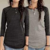 Casual Style Front Buttons Round Neck 3/4 Sleeve Tops
