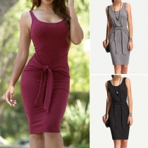 Sexy Solid Color Round Neck Sleeveless Front Knotted Slim-fitting Dress