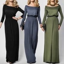 Concise Style Solid Color Boat Neck Long Sleeve Elastic Waist Maxi Dress