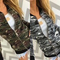 Fashion Front Zipper Long Sleeve Camouflage Jacket For Women