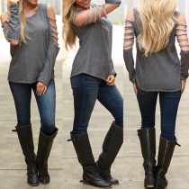 Sexy Solid Color Round Neck Long Sleeve Hollow Out T-shirt