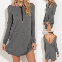 Sexy Solid Color Round Neck Long Sleeve Backless Loose-fitting Dress
