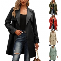 Fashion Single-breasted Lapel Long Sleeve Hooded Trench Coat with Waist Strap