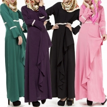 Ethnic Style Contrast Color Round Neck Long Sleeve Ruffle Maxi Dress