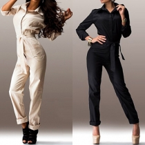 Fashion Solid Color Lapel Long Sleeve Gathered Waist Jumpsuit