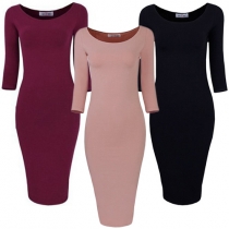 Sexy Solid Color Round Neck 3/4 Sleeve Knit Slim Fit Dress