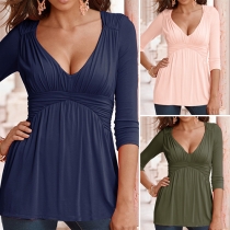 Sexy Solid Color Deep V-neck 3/4 Sleeve Crinkle Tops