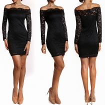 Sexy Solid Color Off Shoulder Long Sleeve Lace Spliced Hollow Out Dress