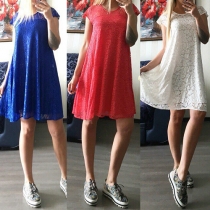 Fashion Solid Color Round Neck Short Sleeve Hollow Out Lace Dress