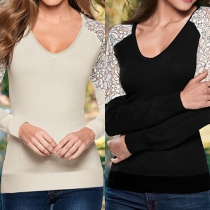 Sexy Lace Spliced Round Neck Long Sleeve Slim Fit Tops