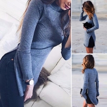 Sexy Solid Color Turtleneck Long Sleeve Side Slit Slim Fit Dress
