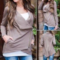 Stylish Solid Color Lapel Long Sleeve Oblique Zipper Women's Coat