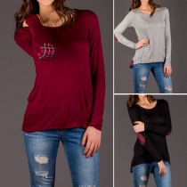 Casual Style Lattice Spliced Round Neck Long Sleeve High-Low Hemline Tops