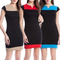 Sexy Contrast Color V-neck Cap Sleeve Slim Fit Dress