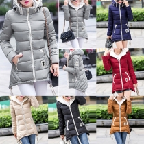 Fashion Contrast Color Side Knotted Long Sleeve Hooded Padded Coat