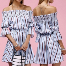 Sexy Striped Printed Off Shoulder 3/4 Sleeve Elastic Waist Dress