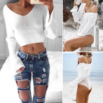 Sexy Solid Color V-neck Long Sleeve Crop Tops
