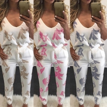 Sexy Printed V-neck Backless Sling Tops and Pants Two-piece Set