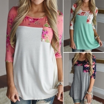 Casual Style Printed Pocket Spliced Round Neck 3/4 Sleeve Tops