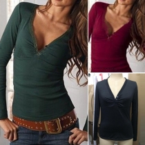Sexy Solid Color Laciness Deep V-neck Long Sleeve T-shirt
