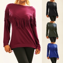 Fashion Solid Color Round Neck Long Sleeve Tassel Tops