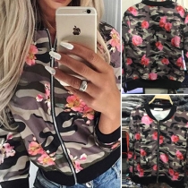 Fashion Flowers Printed Front Zipper Long Sleeve Jacket