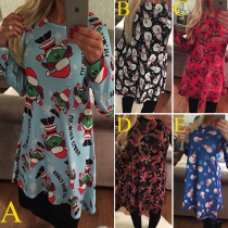 Cute Santa/Snowman/Elk Printed Round Neck Long Sleeve Swing Dress