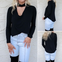 Sexy Solid Color Choker Neckline V-neck Long Sleeve Irregular Hemline T-shirt
