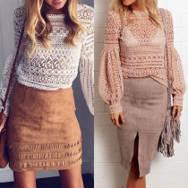 Fashion Solid Color Round Neck Lantern Sleeve Hollow Out Lace Tops