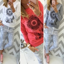 Casual Style Printed Round Neck Long Sleeve T-Shirt