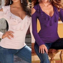 Sexy Solid Color Deep V-neck Cold Shoulder Long Sleeve Ruffle Crinkle T-shirt