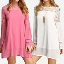 Fashion Solid Color Lace Spliced Round Neck Long Sleeve Relaxed Dress