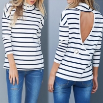 Fashion Blue-white Striped Backless Turtleneck Long Sleeve T-shirt