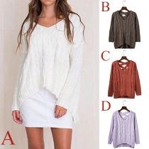 Sexy Solid Color V-neck Long Sleeve Back Hollow Out Knit Sweater