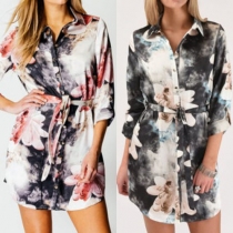 Fashion Printed Lapel Button-tab Sleeve Single-breasted Gathered Waist Blouse Dress
