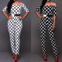 Sexy Printed Off Shoulder Backless Half Sleeve Slim Fit Jumpsuit