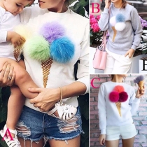 Cute Style Puffer Ball Ice Cream Printed Round Neck Long Sleeve T-shirt