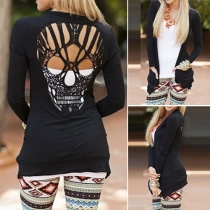 Sexy Solid Color 2 Side Pockets Back Skull Hollow Out Long Sleeve Cardigan
