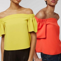 Sexy Solid Color Off Shoulder Ruffle Sleeve Chiffon Crop Tops