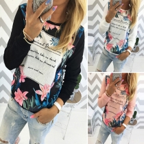 Casual Style Letters Floral Printed Round Neck Long Sleeve T-shirt