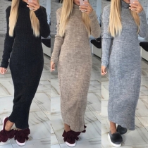 Casual Style Solid Color Turtleneck Long Sleeve Back Hollow Out Maxi Dress