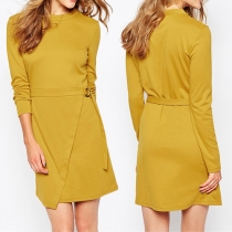 Elegant Solid Color Round Neck Long Sleeve Gathered Waist Dress