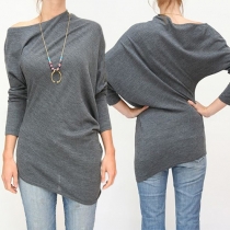Fashion Solid Color Oblique Shoulder Long Sleeve Irregular Hemline Tops